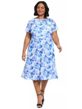 London Times Blue White Floral Bow Twist Detail Midi Dress Formal Event Wedding